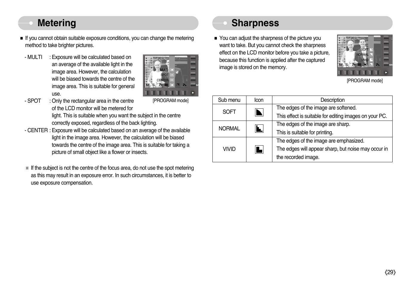 Metering, Sharpness | Samsung EC-L73ZZSBA-US User Manual | Page 30 / 78