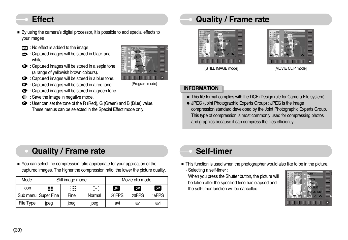 Self-timer, Quality / frame rate, Effect | Samsung EC-L73ZZSBA-US User Manual | Page 31 / 78