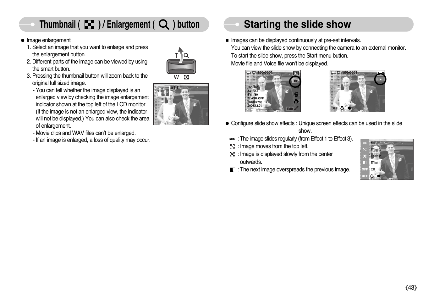 Starting the slide show, Thumbnail ( ) / enlargement ( ) button | Samsung EC-L73ZZSBA-US User Manual | Page 44 / 78