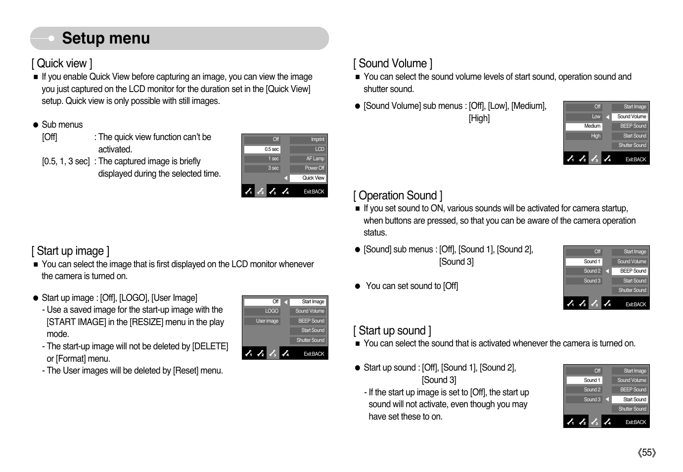 Setup menu, Start up sound, Sound volume | Operation sound, Quick view, Start up image | Samsung EC-L73ZZSBA-US User Manual | Page 56 / 78