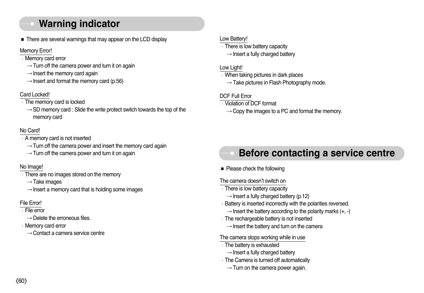 Warning indicator, Before contacting a service centre | Samsung EC-L73ZZSBA-US User Manual | Page 61 / 78