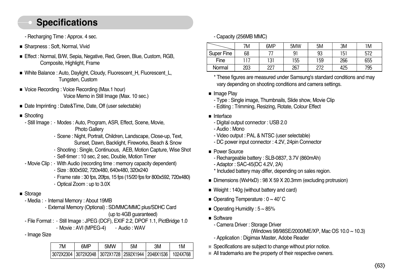 Specifications | Samsung EC-L73ZZSBA-US User Manual | Page 64 / 78