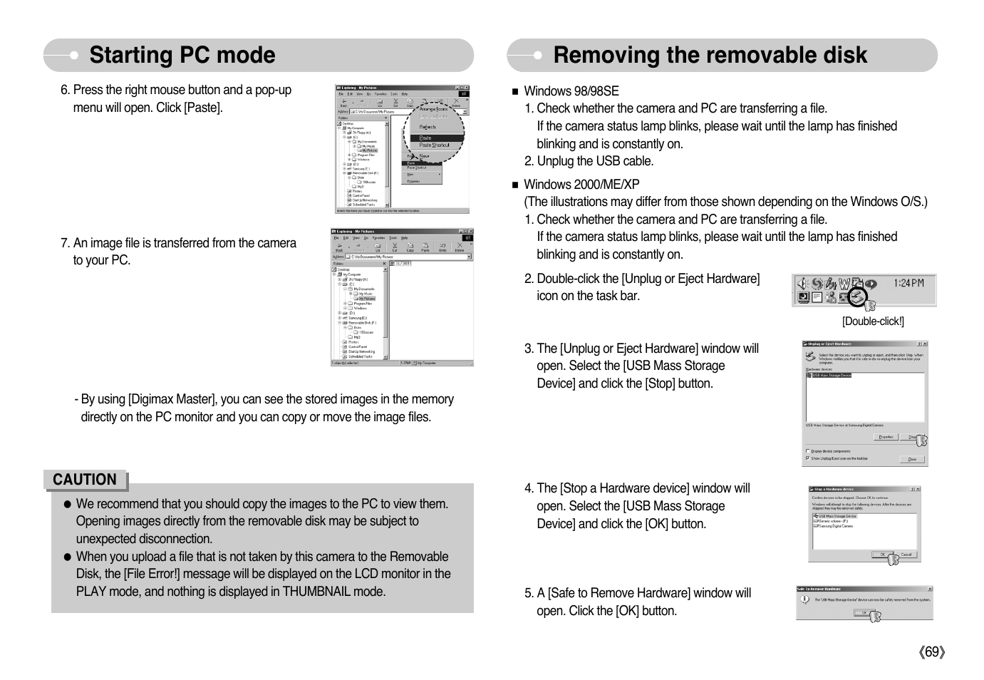 Removing the removable disk starting pc mode | Samsung EC-L73ZZSBA-US User Manual | Page 70 / 78