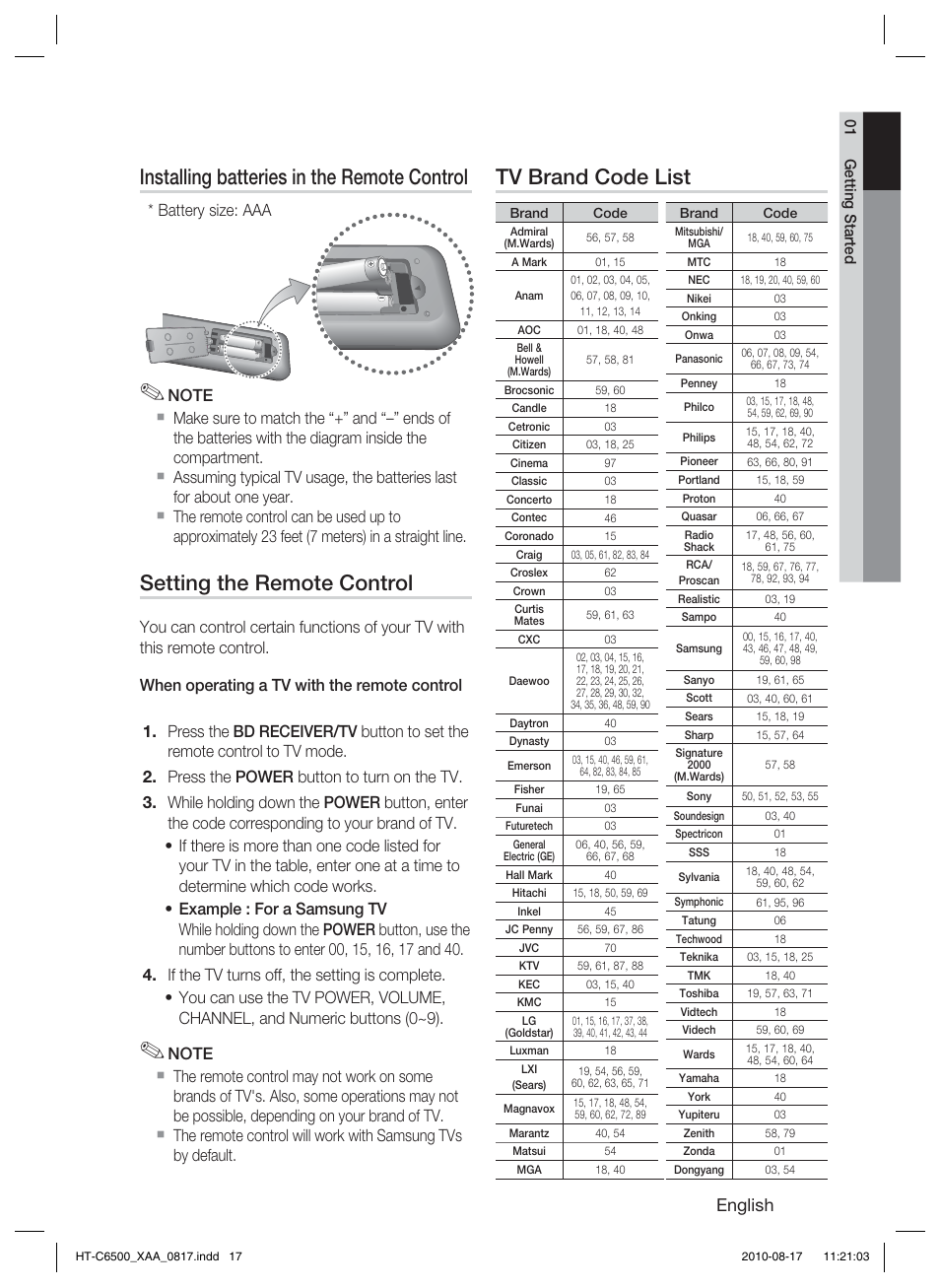 Installing batteries in the remote control, Setting the remote control, Tv brand code list | English, Battery size: aaa | Samsung HT-C6500-XAA User Manual | Page 17 / 69