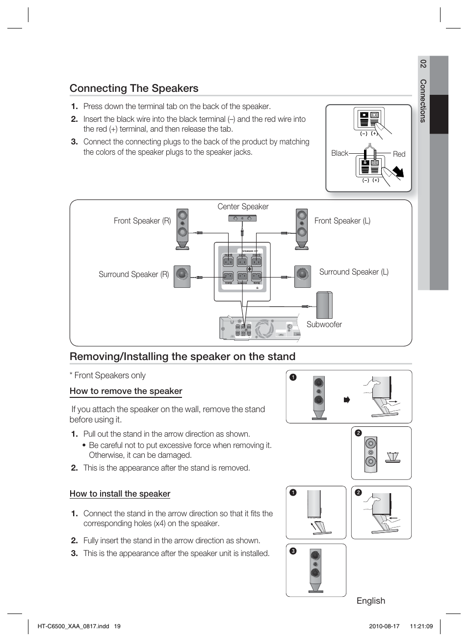 Connecting the speakers, Removing/installing the speaker on the stand | Samsung HT-C6500-XAA User Manual | Page 19 / 69