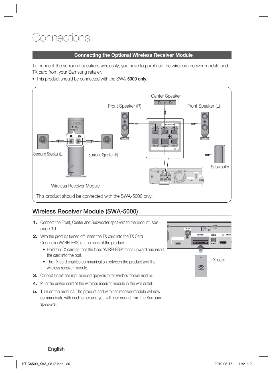 Connecting the optional wireless receiver module, Connections, Wireless receiver module (swa-5000) | Samsung HT-C6500-XAA User Manual | Page 20 / 69