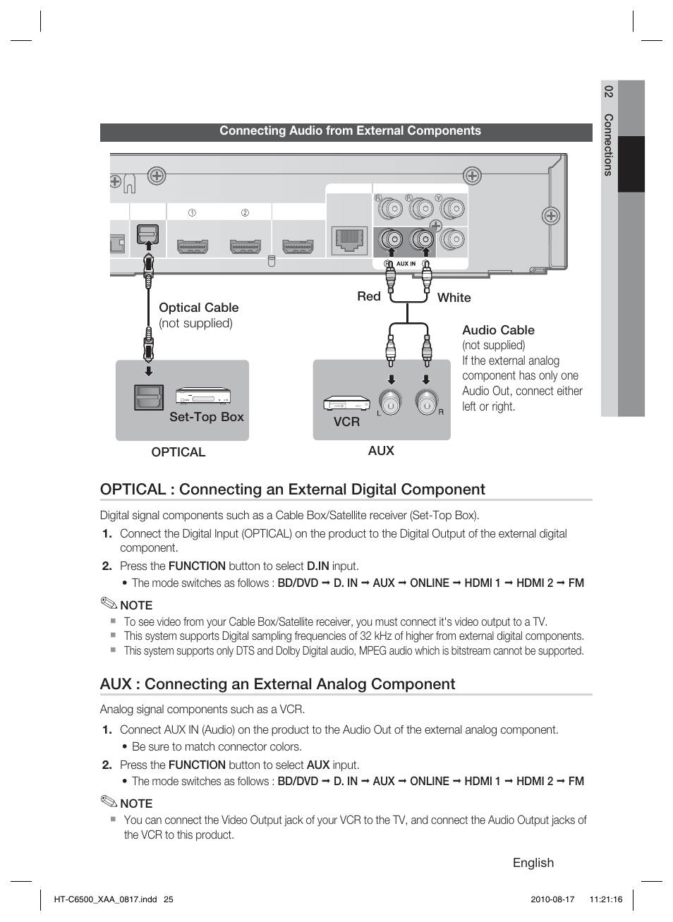 Connecting audio from external components, Optical : connecting an external digital component, Aux : connecting an external analog component | Samsung HT-C6500-XAA User Manual | Page 25 / 69