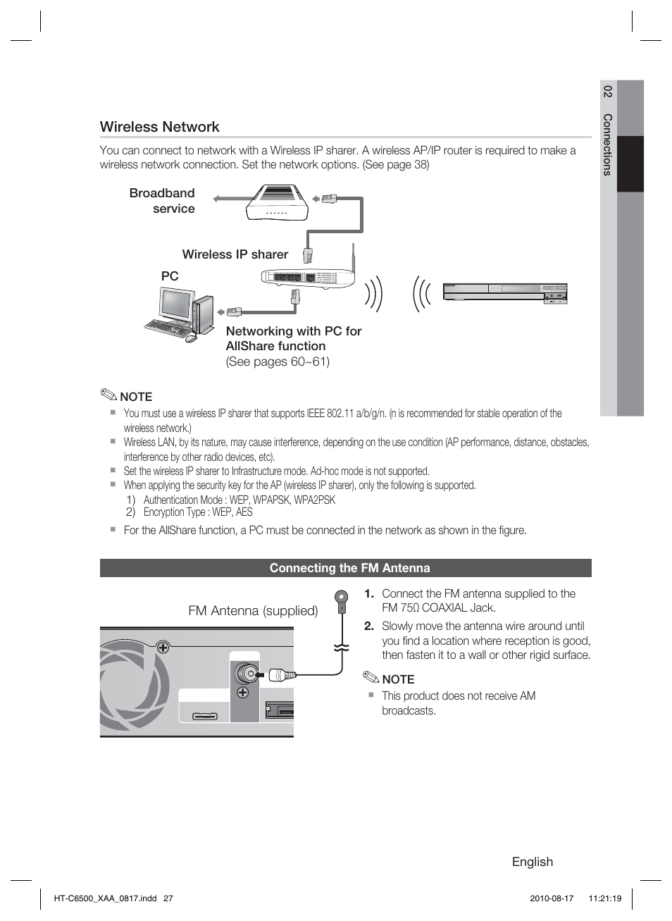 Connecting the fm antenna, Wireless network | Samsung HT-C6500-XAA User Manual | Page 27 / 69