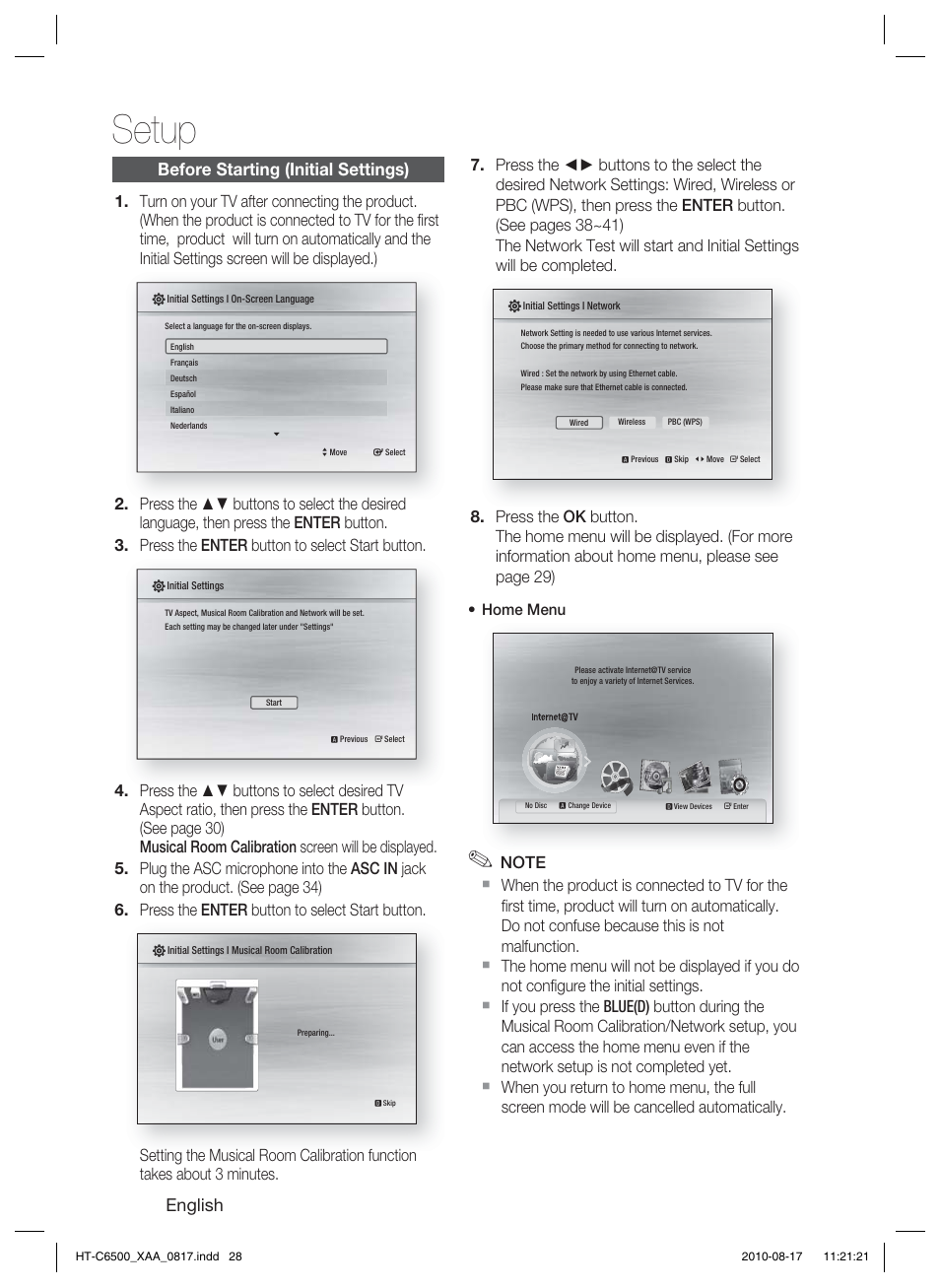 Setup, Before starting (initial settings), English | Home menu | Samsung HT-C6500-XAA User Manual | Page 28 / 69
