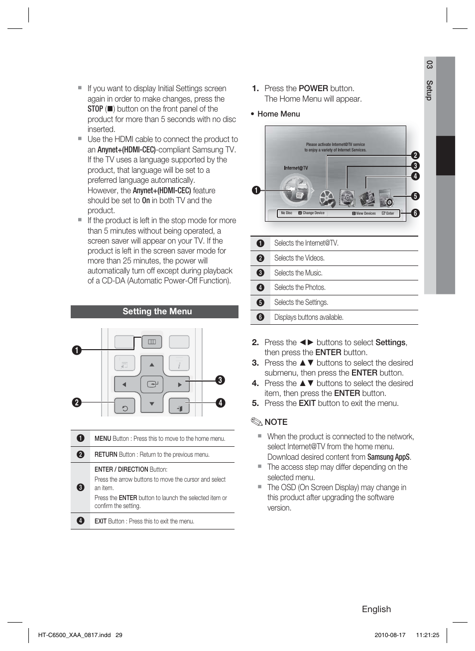 Setting the menu | Samsung HT-C6500-XAA User Manual | Page 29 / 69
