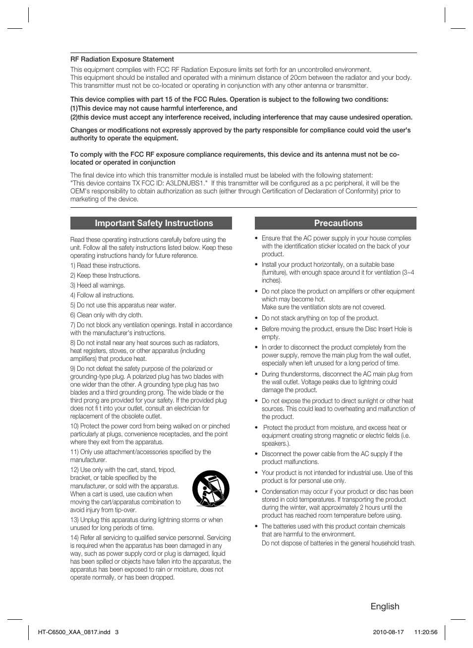 Important safety instructions, Precautions | Samsung HT-C6500-XAA User Manual | Page 3 / 69
