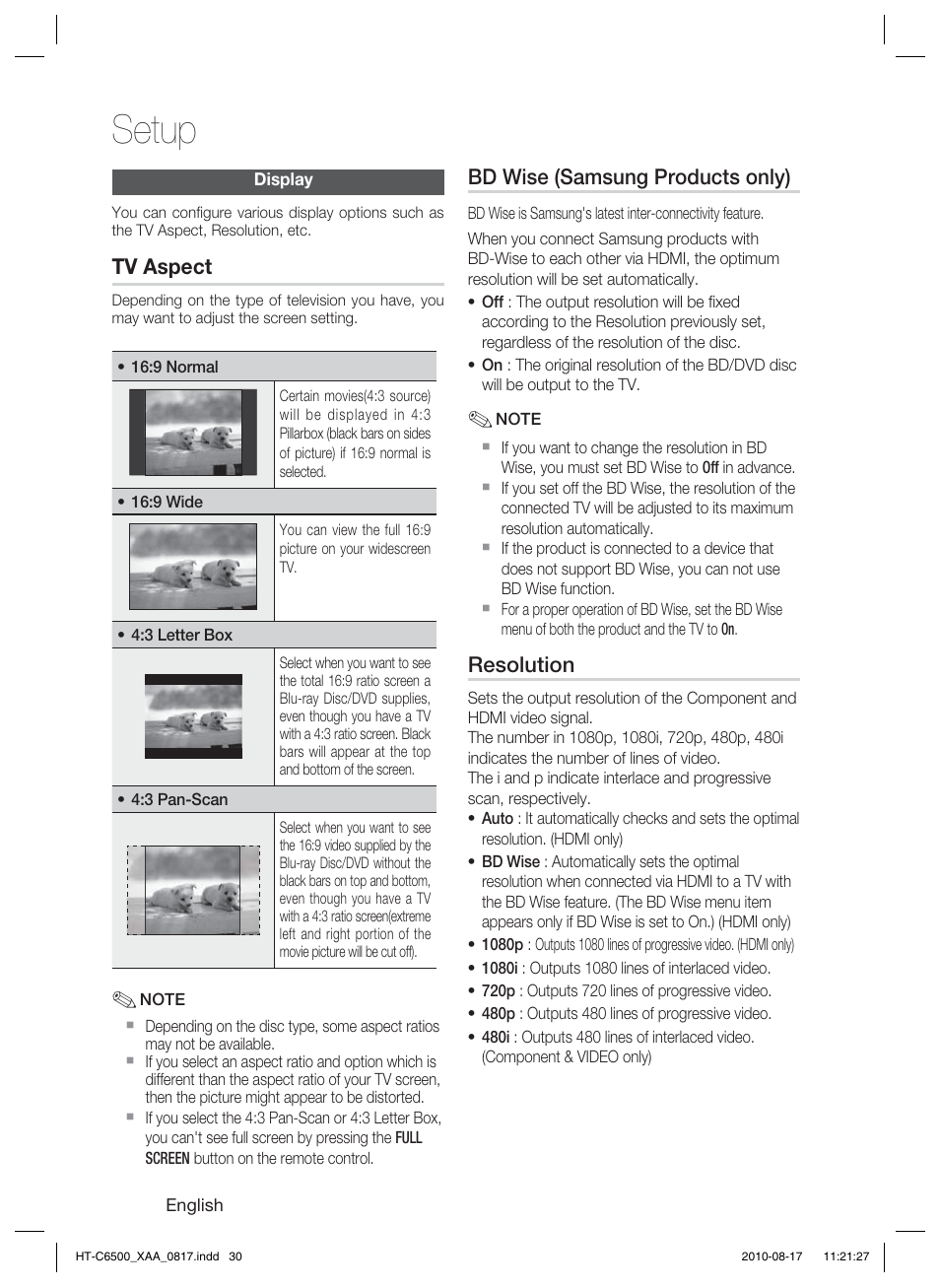 Display, Tv aspect, Bd wise (samsung products only) | Resolution, Setup | Samsung HT-C6500-XAA User Manual | Page 30 / 69
