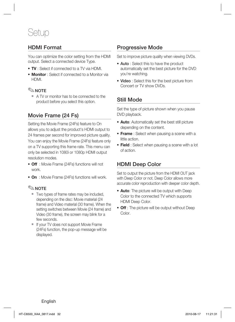 Hdmi format, Movie frame (24 fs), Progressive mode | Still mode, Hdmi deep color, Setup | Samsung HT-C6500-XAA User Manual | Page 32 / 69