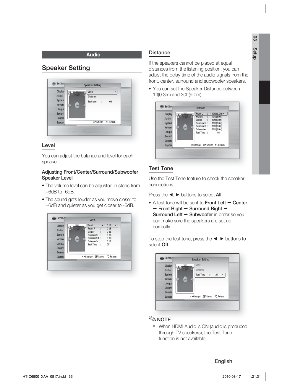 Audio, Speaker setting, English | Distance, Test tone, Level, 03 setup | Samsung HT-C6500-XAA User Manual | Page 33 / 69