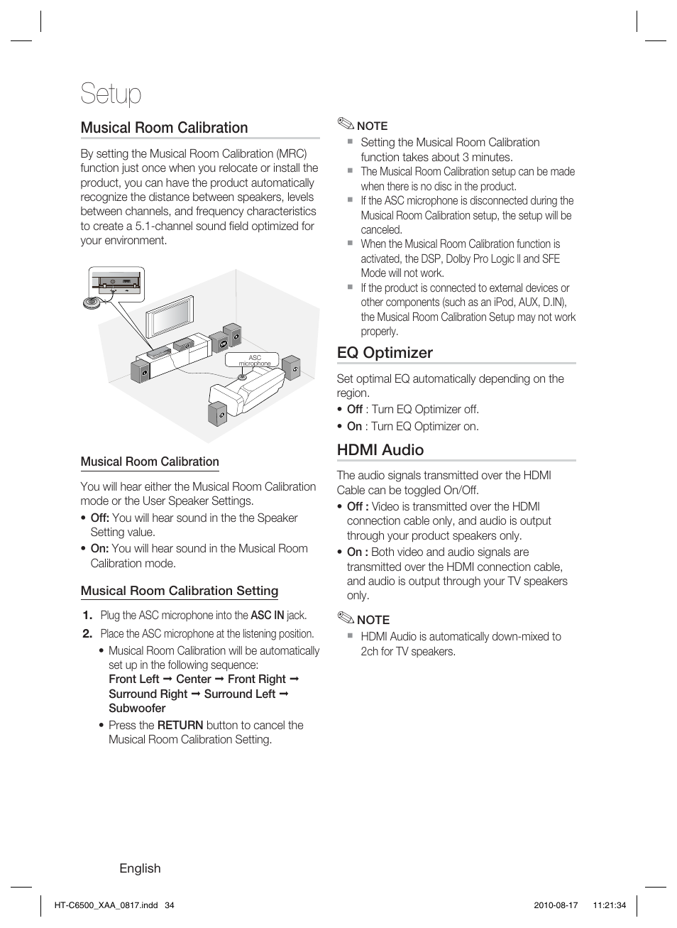 Musical room calibration, Eq optimizer, Hdmi audio | Setup | Samsung HT-C6500-XAA User Manual | Page 34 / 69