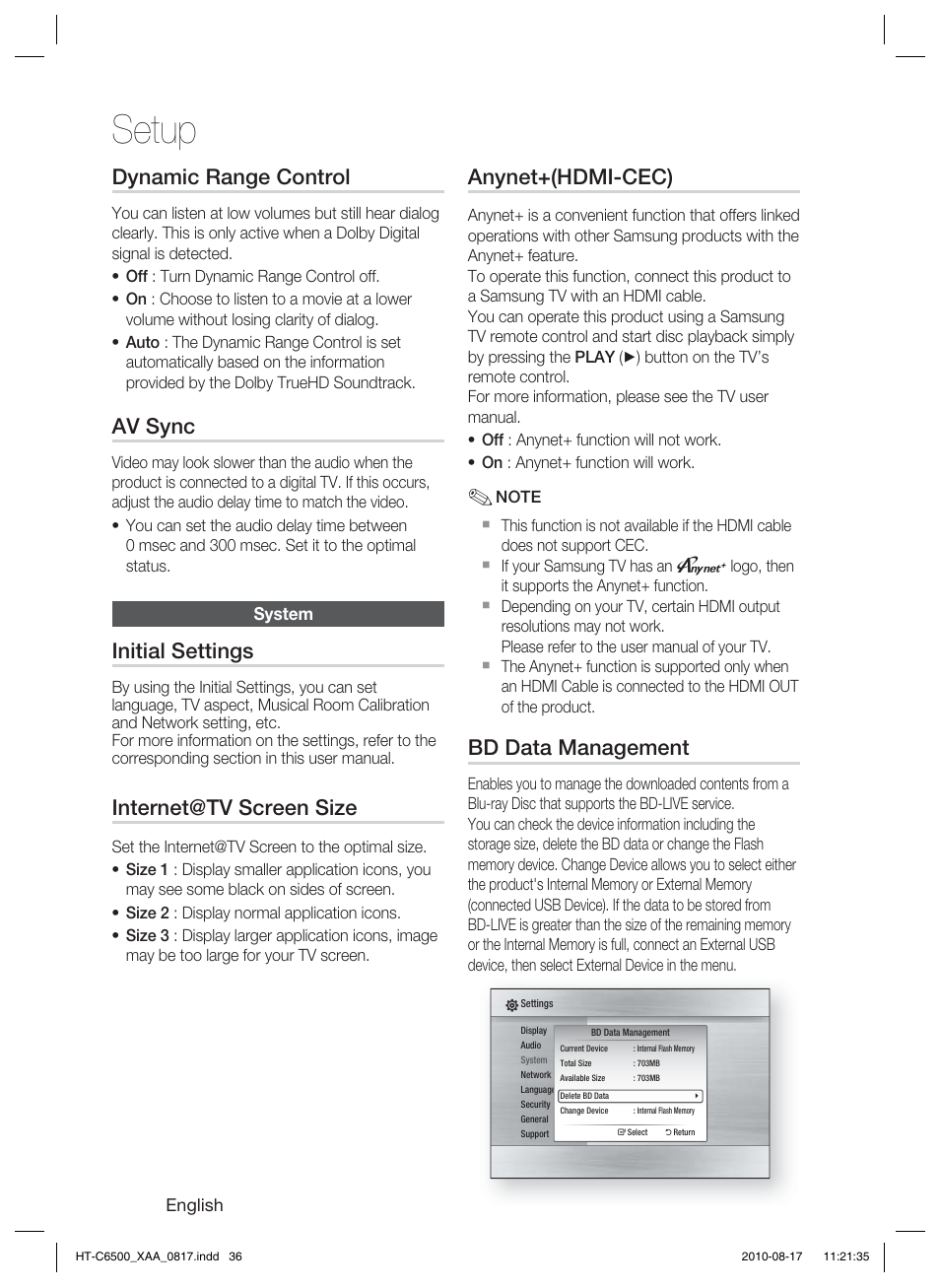 Dynamic range control, Av sync, System | Initial settings, Internet@tv screen size, Anynet+(hdmi-cec), Bd data management, Setup | Samsung HT-C6500-XAA User Manual | Page 36 / 69