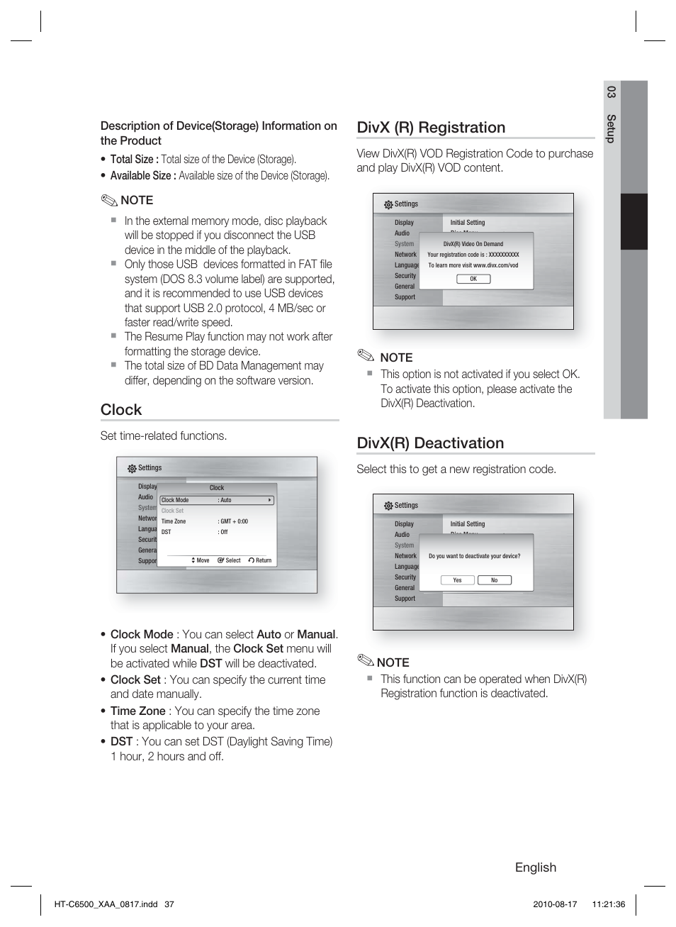 Clock, Divx (r) registration, Divx(r) deactivation | English, Set time-related functions, Select this to get a new registration code | Samsung HT-C6500-XAA User Manual | Page 37 / 69