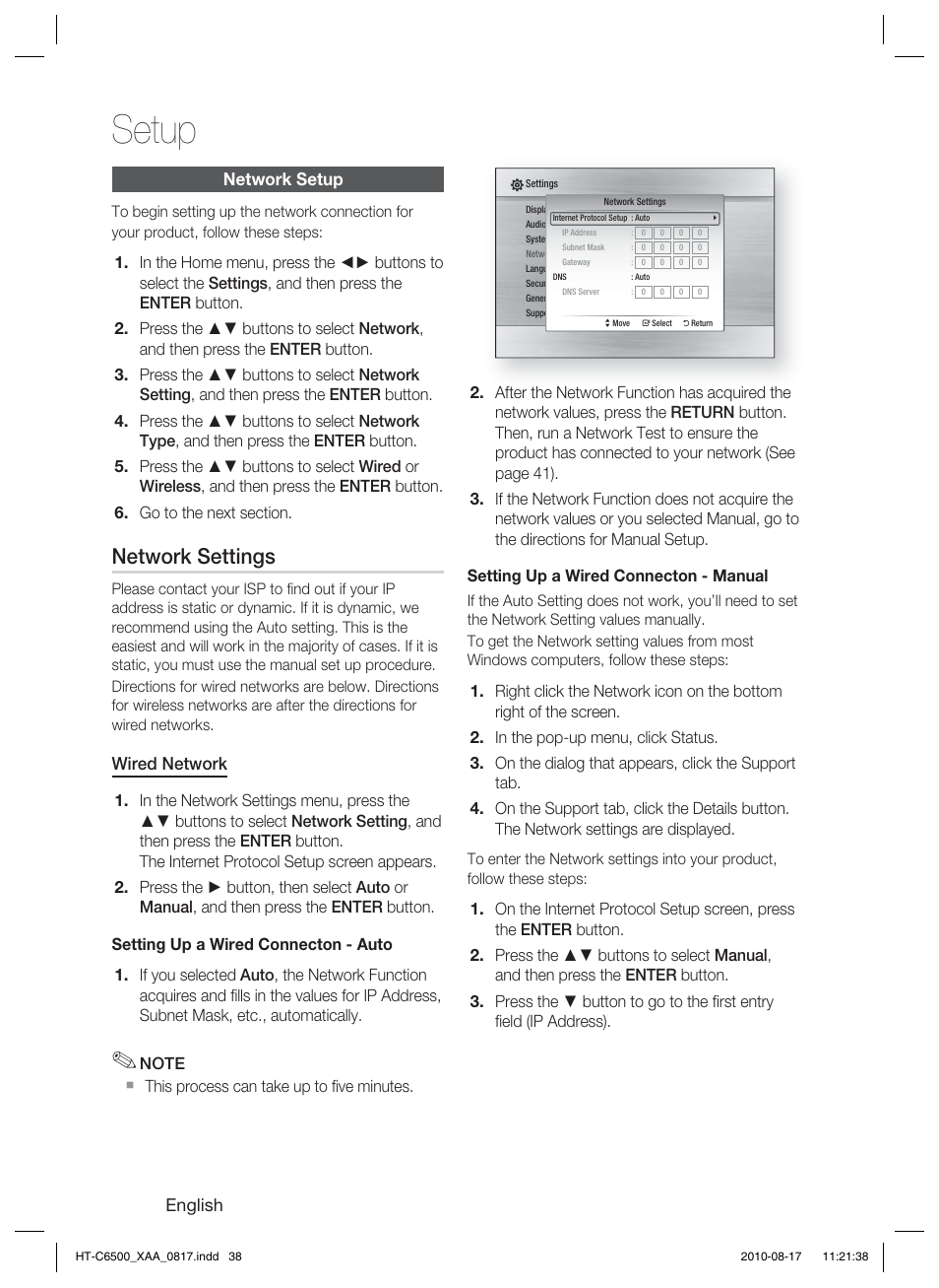 Network setup, Network settings, Setup | Samsung HT-C6500-XAA User Manual | Page 38 / 69