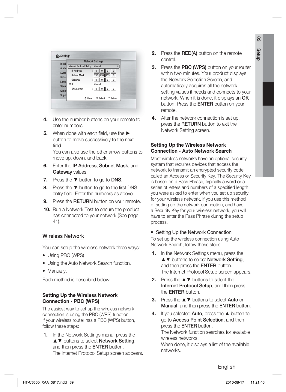 English, Wireless network | Samsung HT-C6500-XAA User Manual | Page 39 / 69