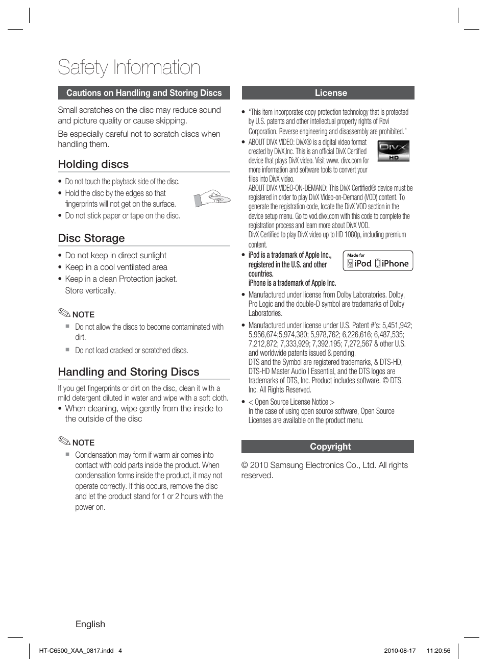 Cautions on handling and storing discs, License, Copyright | Safety information | Samsung HT-C6500-XAA User Manual | Page 4 / 69