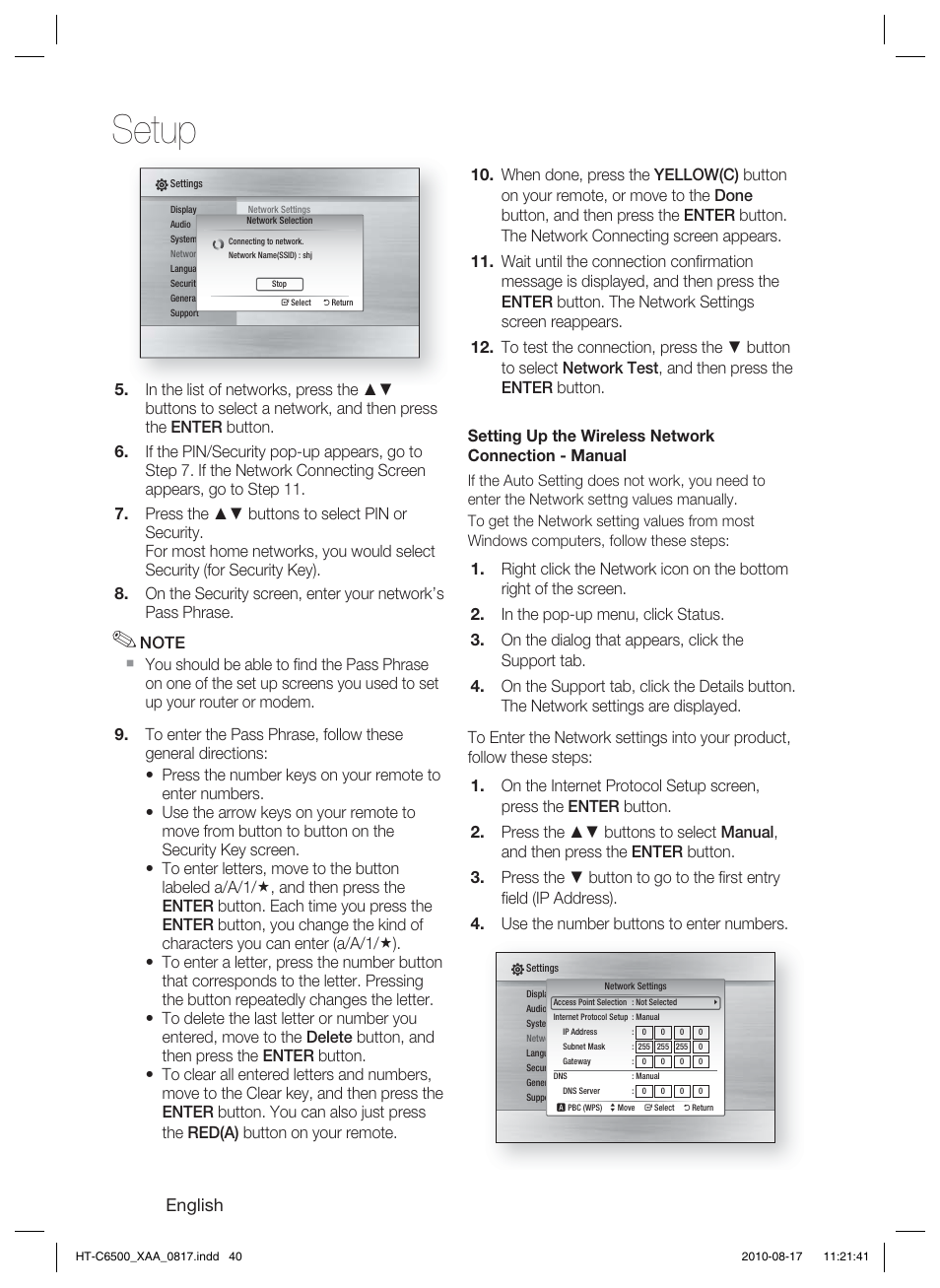 Setup, English | Samsung HT-C6500-XAA User Manual | Page 40 / 69