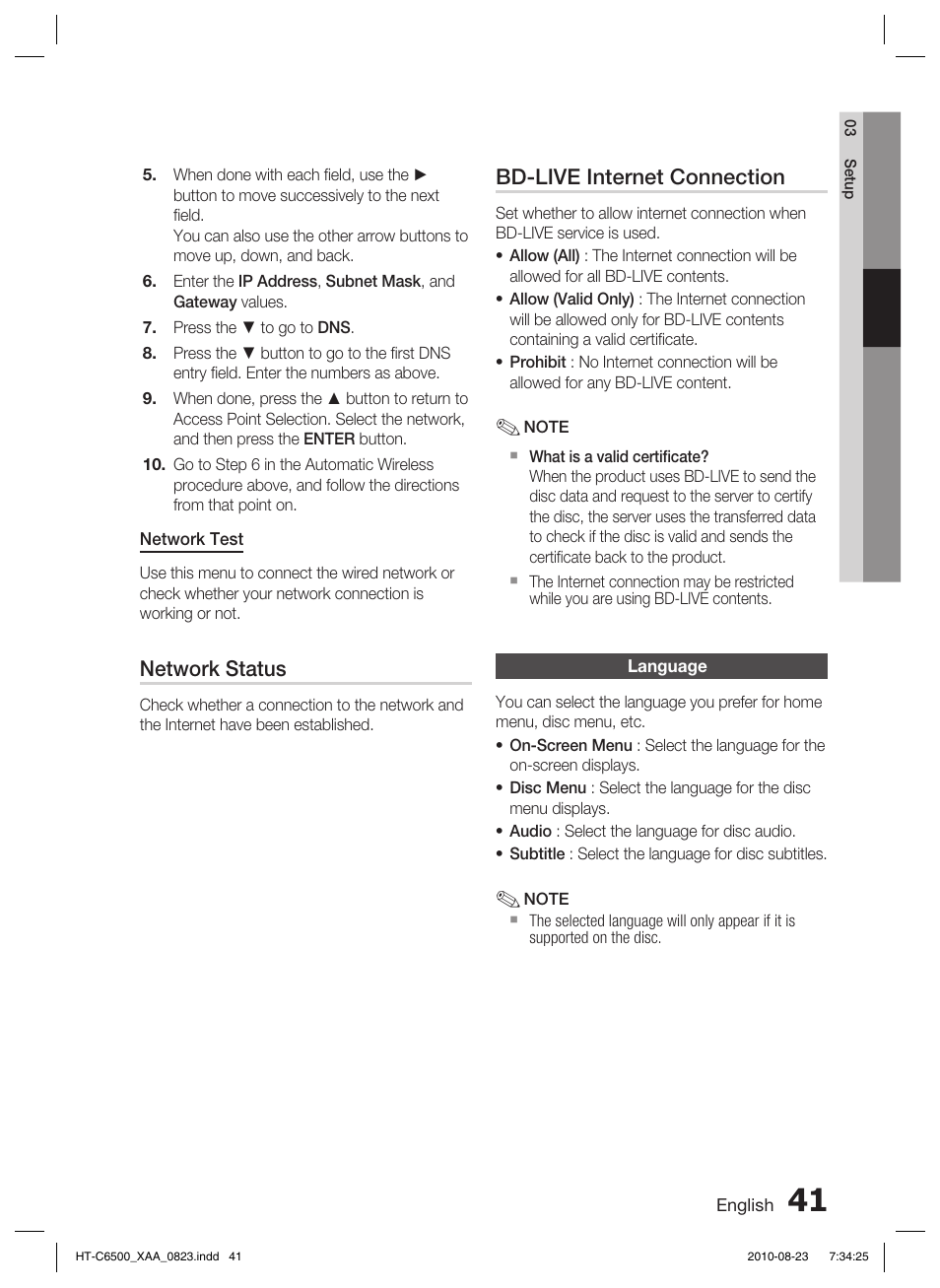 Network status, Bd-live internet connection, Language | Samsung HT-C6500-XAA User Manual | Page 41 / 69