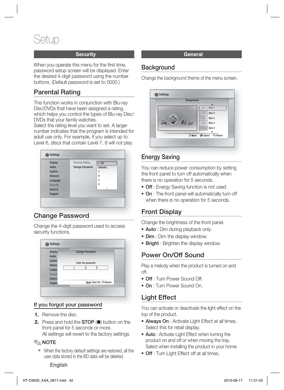 Security, Parental rating, Change password | General, Background, Energy saving, Front display, Power on/off sound, Light effect, Setup | Samsung HT-C6500-XAA User Manual | Page 42 / 69