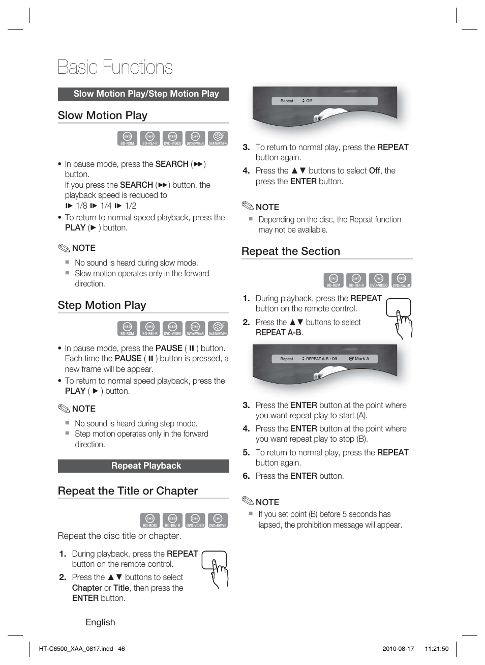 Slow motion play/step motion play, Repeat playback, Basic functions | Hzzyx, Hzzy | Samsung HT-C6500-XAA User Manual | Page 46 / 69