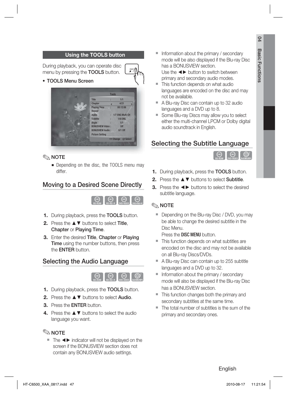 Using the tools button, Hzzy, Hzzx | Moving to a desired scene directly, Selecting the audio language, Selecting the subtitle language | Samsung HT-C6500-XAA User Manual | Page 47 / 69