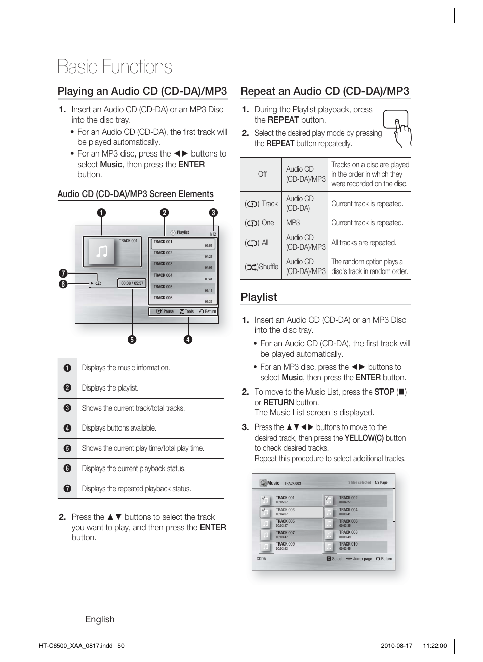 Basic functions, Playing an audio cd (cd-da)/mp3, Repeat an audio cd (cd-da)/mp3 | Playlist, English, Audio cd (cd-da)/mp3 screen elements | Samsung HT-C6500-XAA User Manual | Page 50 / 69