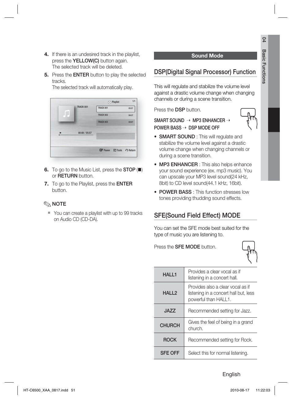 Sound mode, Dsp(digital signal processor) function, Sfe(sound field effect) mode | Samsung HT-C6500-XAA User Manual | Page 51 / 69