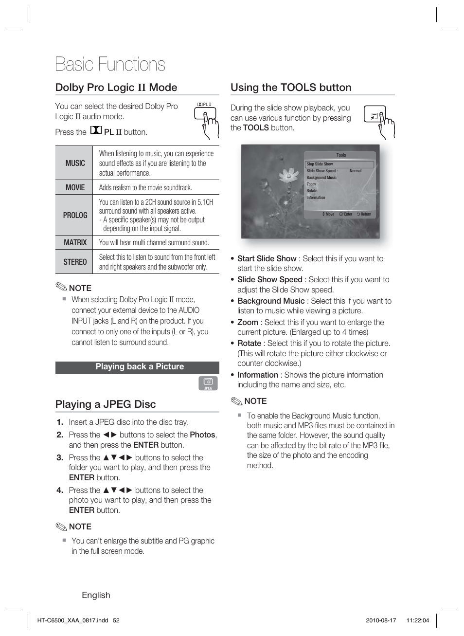 Playing back a picture, Basic functions, Using the tools button | Dolby pro logic ii mode, Playing a jpeg disc | Samsung HT-C6500-XAA User Manual | Page 52 / 69