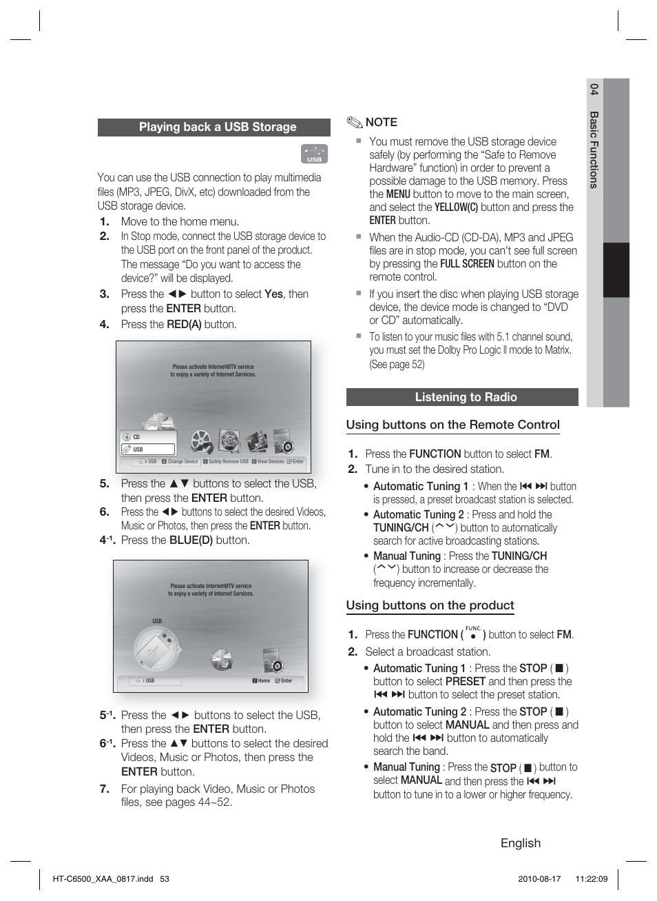 Playing back a usb storage, Listening to radio | Samsung HT-C6500-XAA User Manual | Page 53 / 69
