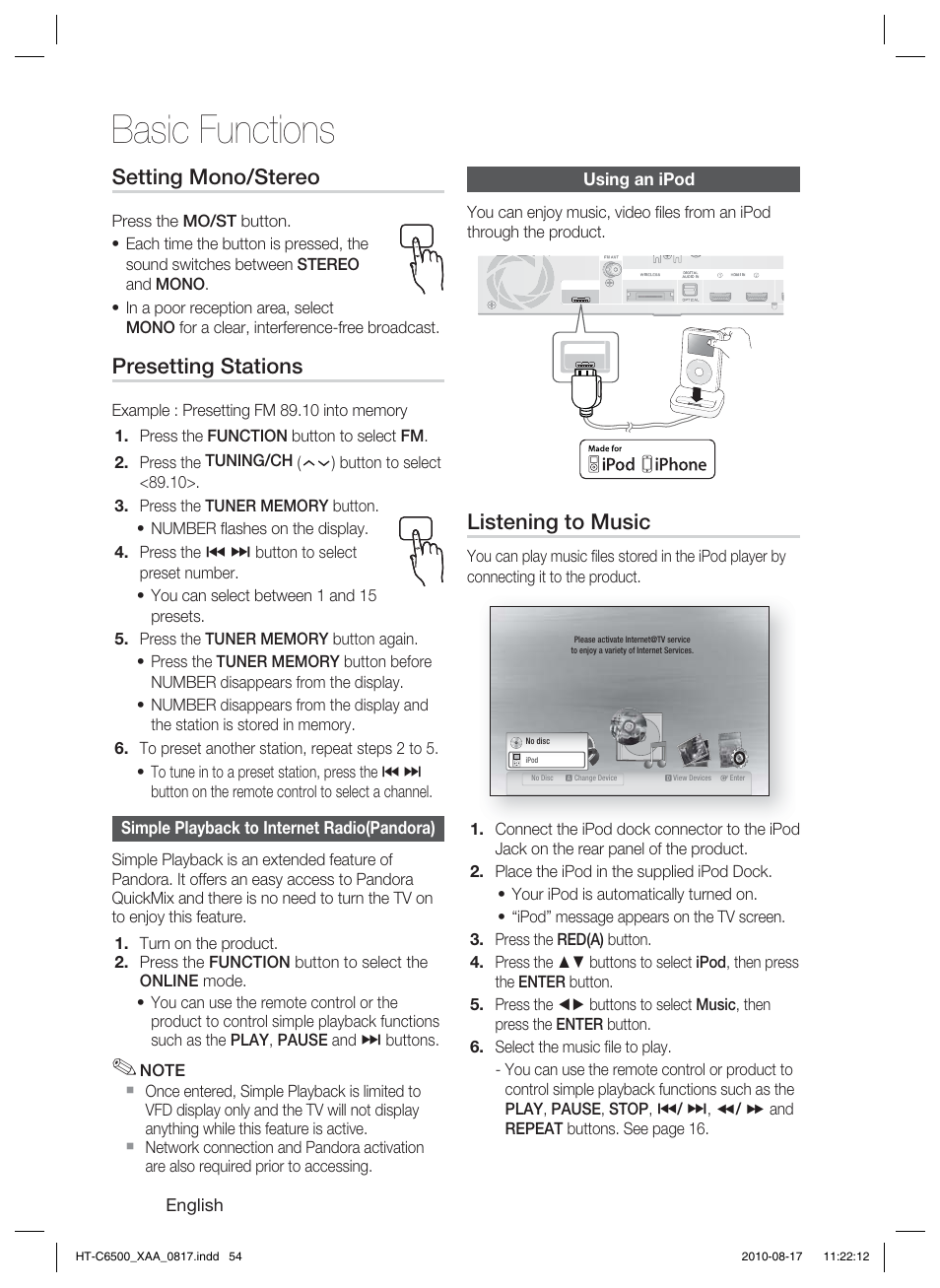 Simple playback to internet radio(pandora), Using an ipod, Basic functions | Listening to music, Setting mono/stereo, Presetting stations | Samsung HT-C6500-XAA User Manual | Page 54 / 69