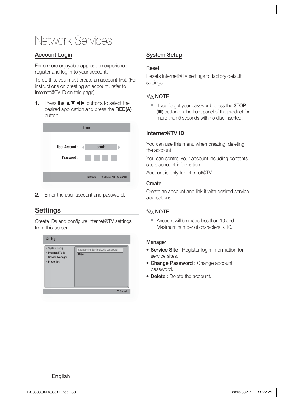 Network services, Settings | Samsung HT-C6500-XAA User Manual | Page 58 / 69