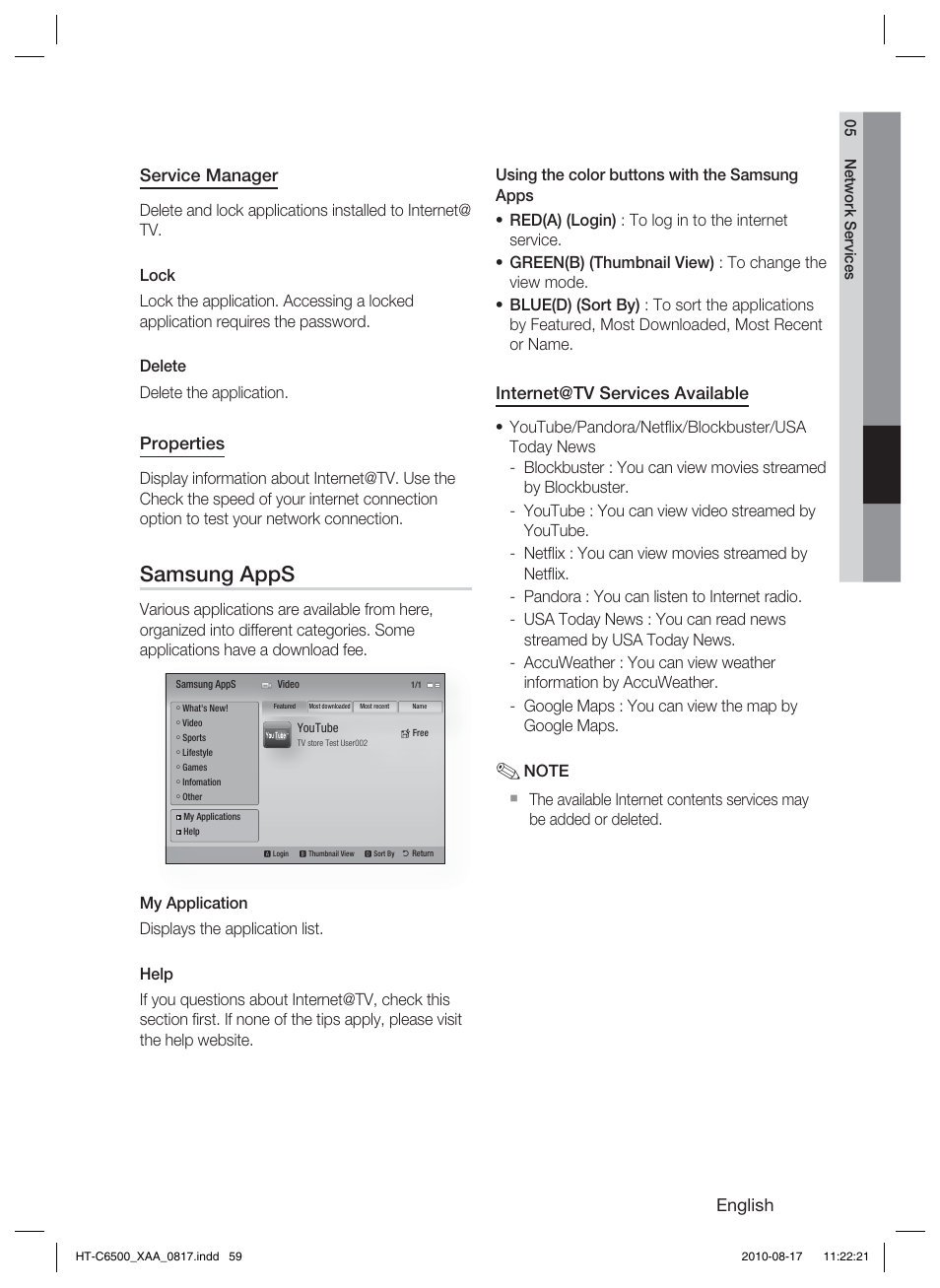 Samsung apps, English, Service manager | Properties, Internet@tv services available | Samsung HT-C6500-XAA User Manual | Page 59 / 69