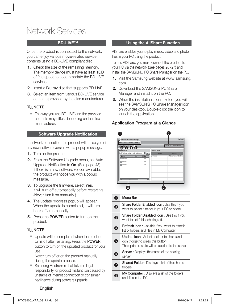 Bd-live, Software upgrade notification, Using the allshare function | Network services | Samsung HT-C6500-XAA User Manual | Page 60 / 69