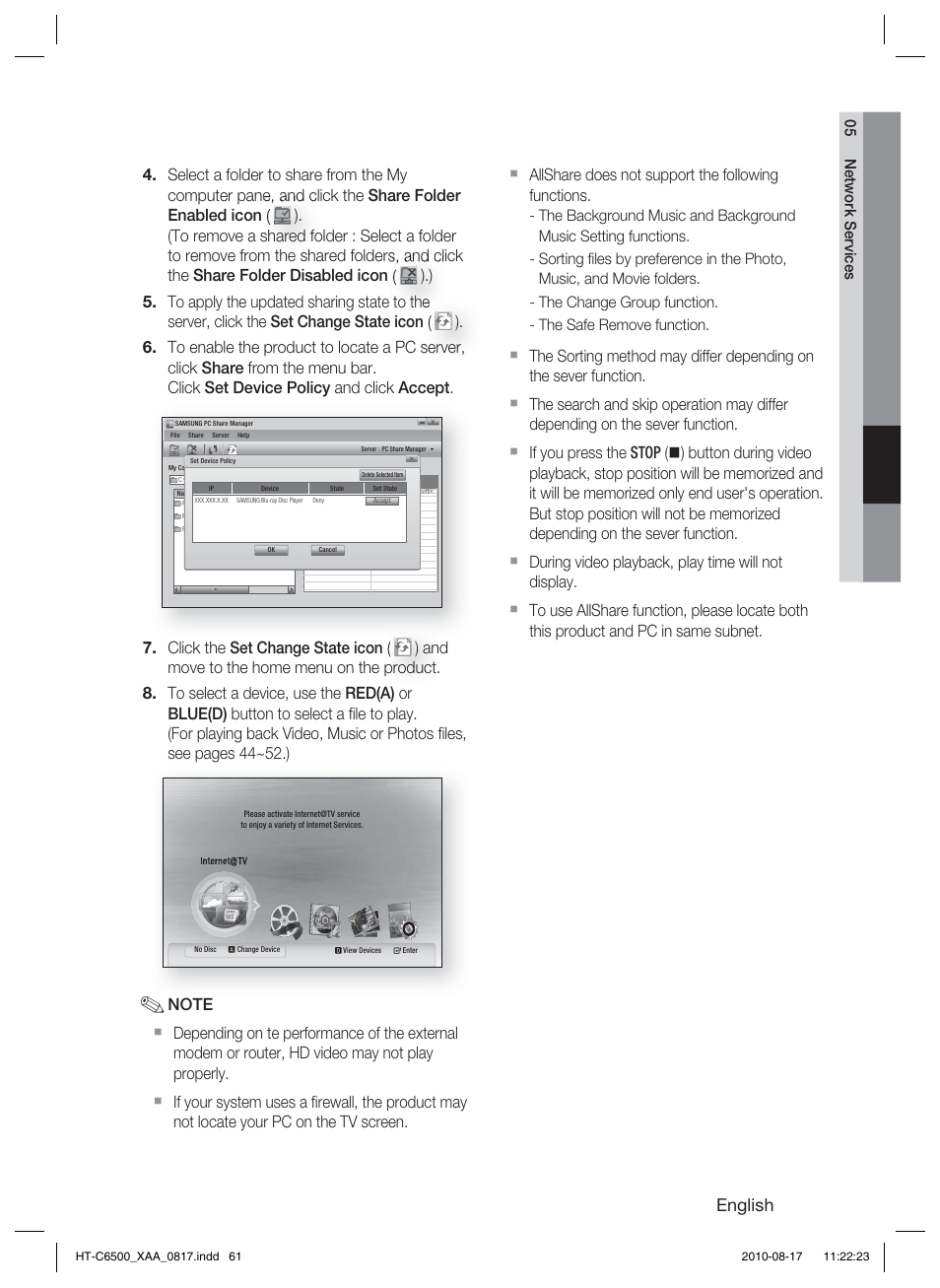 English, Allshare does not support the following functions | Samsung HT-C6500-XAA User Manual | Page 61 / 69