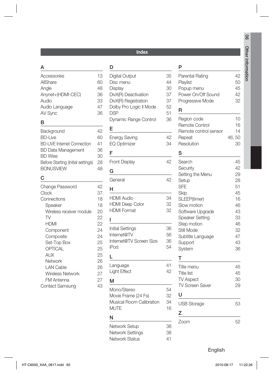 Index | Samsung HT-C6500-XAA User Manual | Page 65 / 69