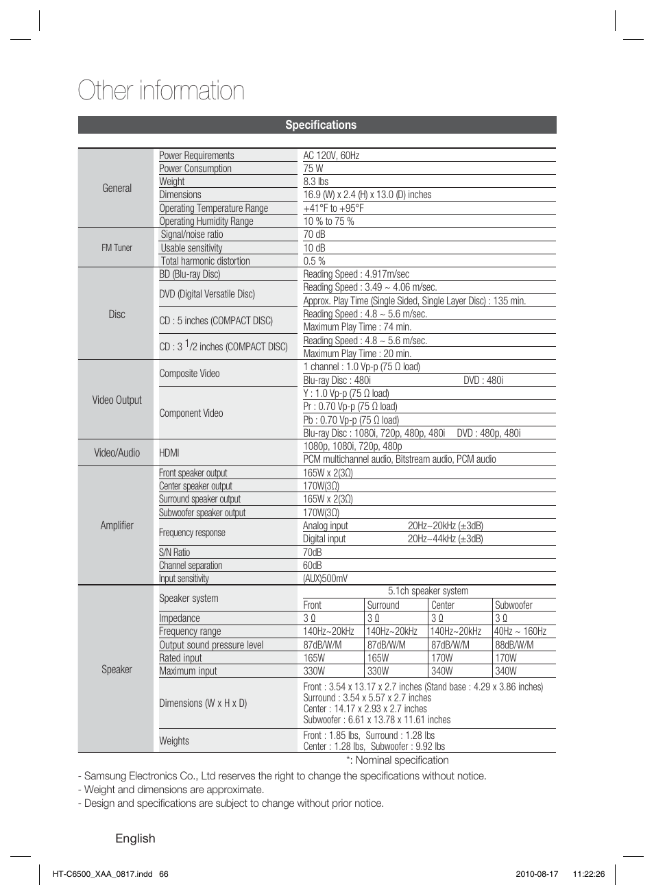 Specifications, Other information | Samsung HT-C6500-XAA User Manual | Page 66 / 69