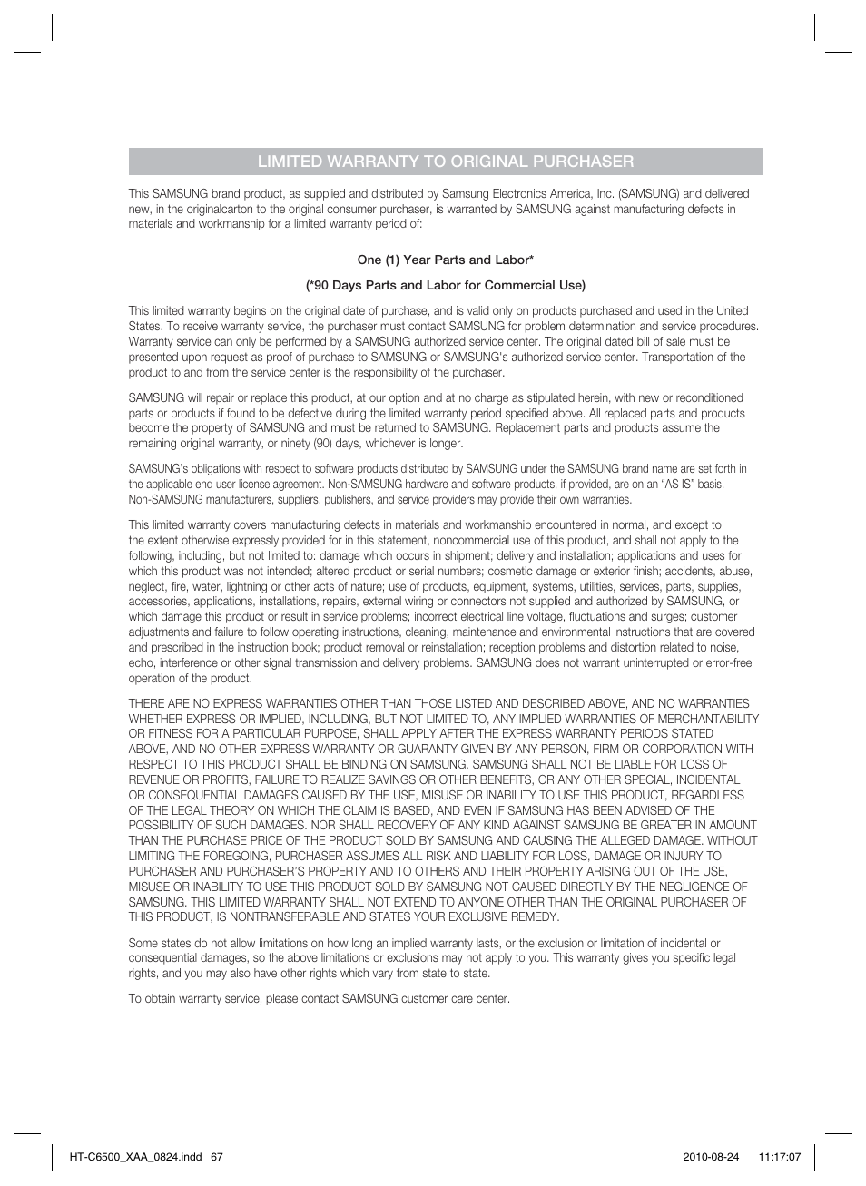Limited warranty to original purchaser | Samsung HT-C6500-XAA User Manual | Page 67 / 69
