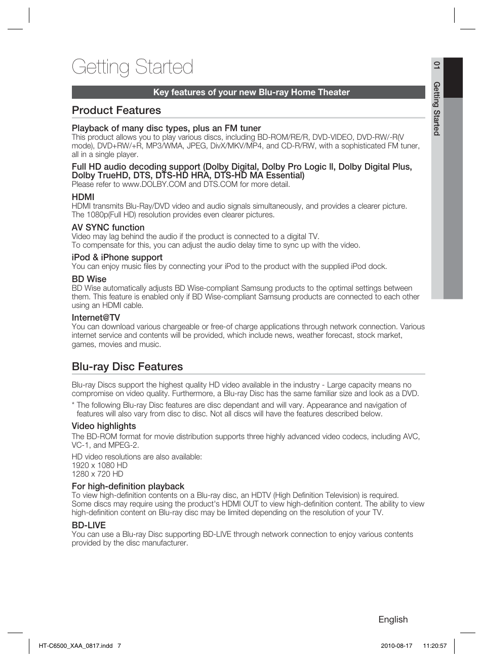 Getting started, Key features of your new blu-ray home theater, Product features | Blu-ray disc features | Samsung HT-C6500-XAA User Manual | Page 7 / 69