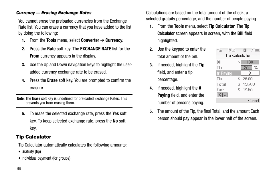 Currency - erasing exchange rates, Tip calculator | Samsung SECR450ZRAMTR User Manual | Page 102 / 150