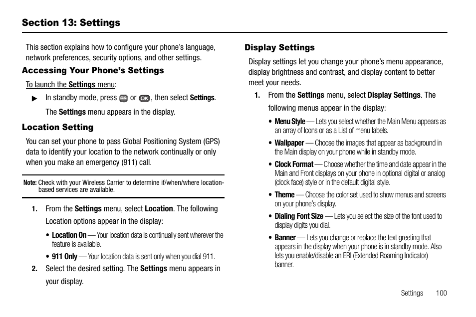 Section 13: settings, Accessing your phone’s settings, Location setting | Display settings | Samsung SECR450ZRAMTR User Manual | Page 103 / 150