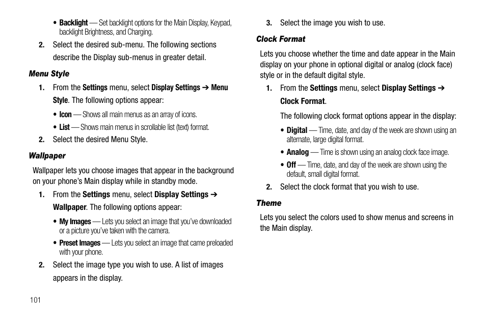 Menu style, Wallpaper, Clock format | Theme | Samsung SECR450ZRAMTR User Manual | Page 104 / 150