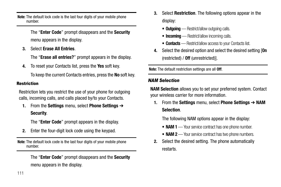 Restriction, Nam selection | Samsung SECR450ZRAMTR User Manual | Page 114 / 150