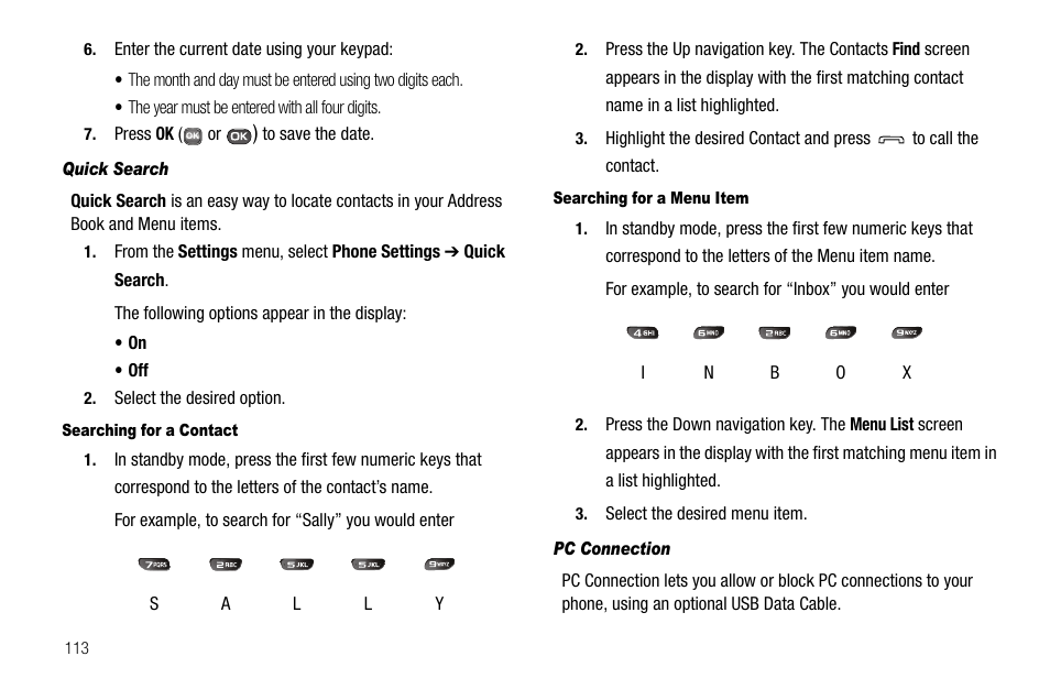 Quick search, Searching for a contact, Searching for a menu item | Pc connection | Samsung SECR450ZRAMTR User Manual | Page 116 / 150