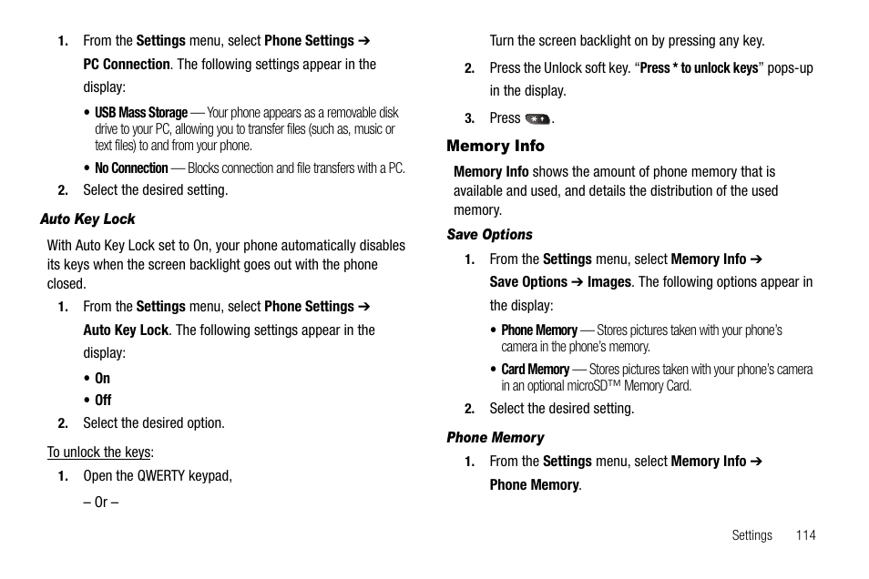 Auto key lock, Memory info, Save options | Phone memory | Samsung SECR450ZRAMTR User Manual | Page 117 / 150