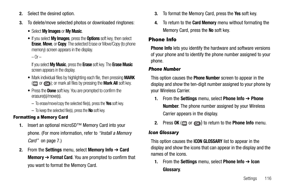 Formatting a memory card, Phone info, Phone number | Icon glossary | Samsung SECR450ZRAMTR User Manual | Page 119 / 150