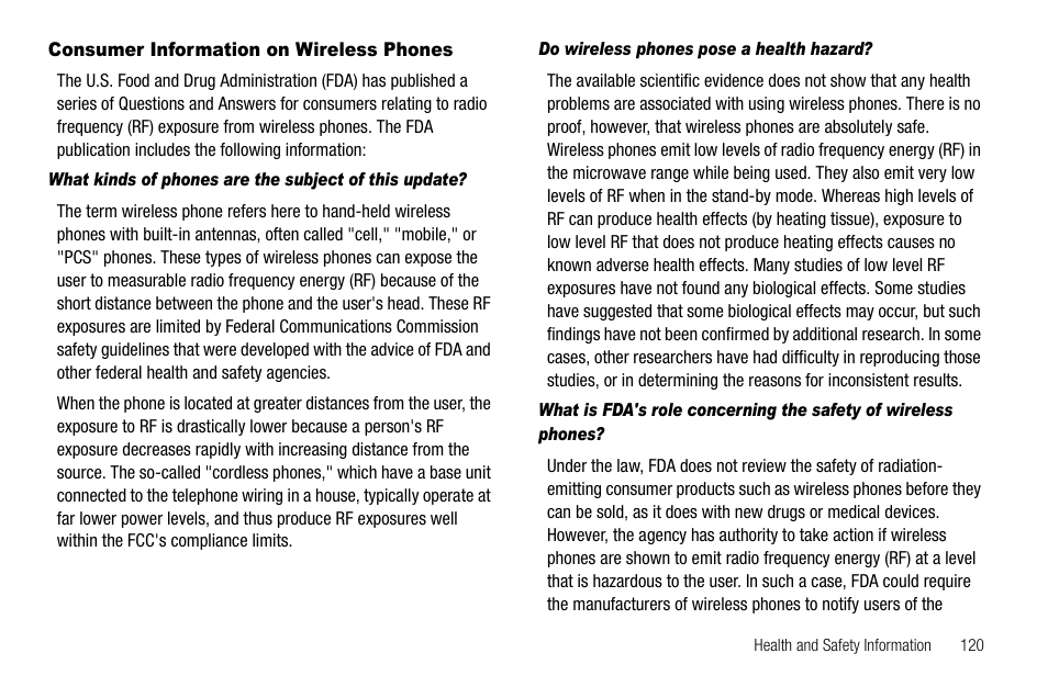 Consumer information on wireless phones, Do wireless phones pose a health hazard | Samsung SECR450ZRAMTR User Manual | Page 123 / 150